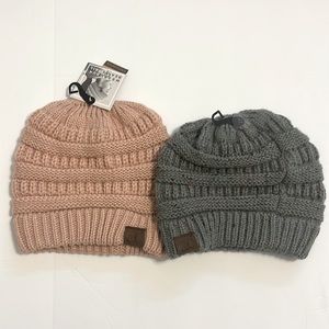 C.C Beanie Cable Knit Hat Lot of 2 -Original and Messy Bun Beanie Tail